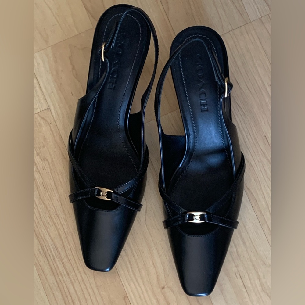 Coach Rowyn Black Leather Slingback Mules with Gold Accent